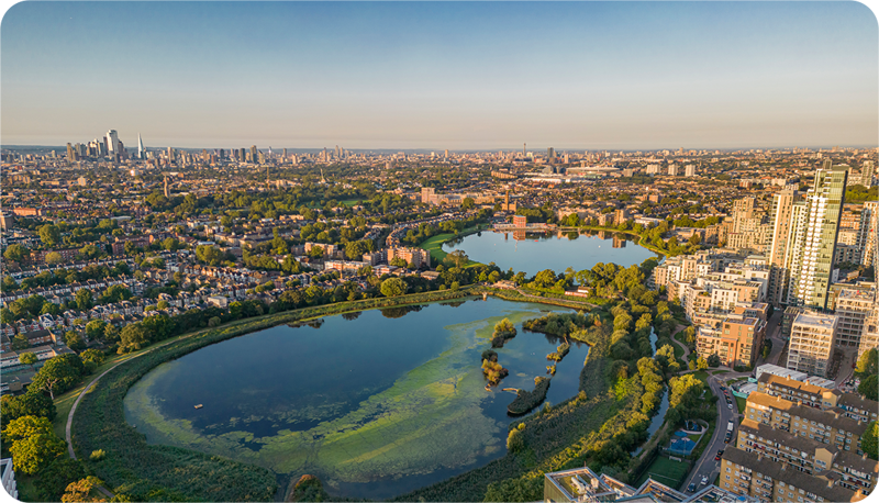 Aerial image of Woodberry Down looking across Hackney