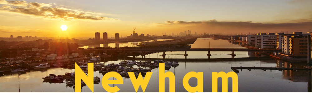 Newham header banner overlooking the Royal Docks and London City airport with a sunset