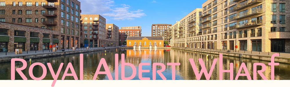 Royal Albert Wharf header banner, looking over the water with scenic reflections in the royal docks