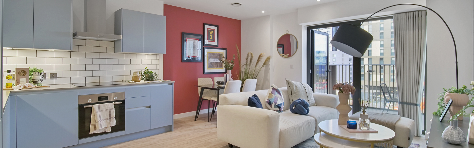 The Perfume Factory 2 Bed show apartment kitchen and living room