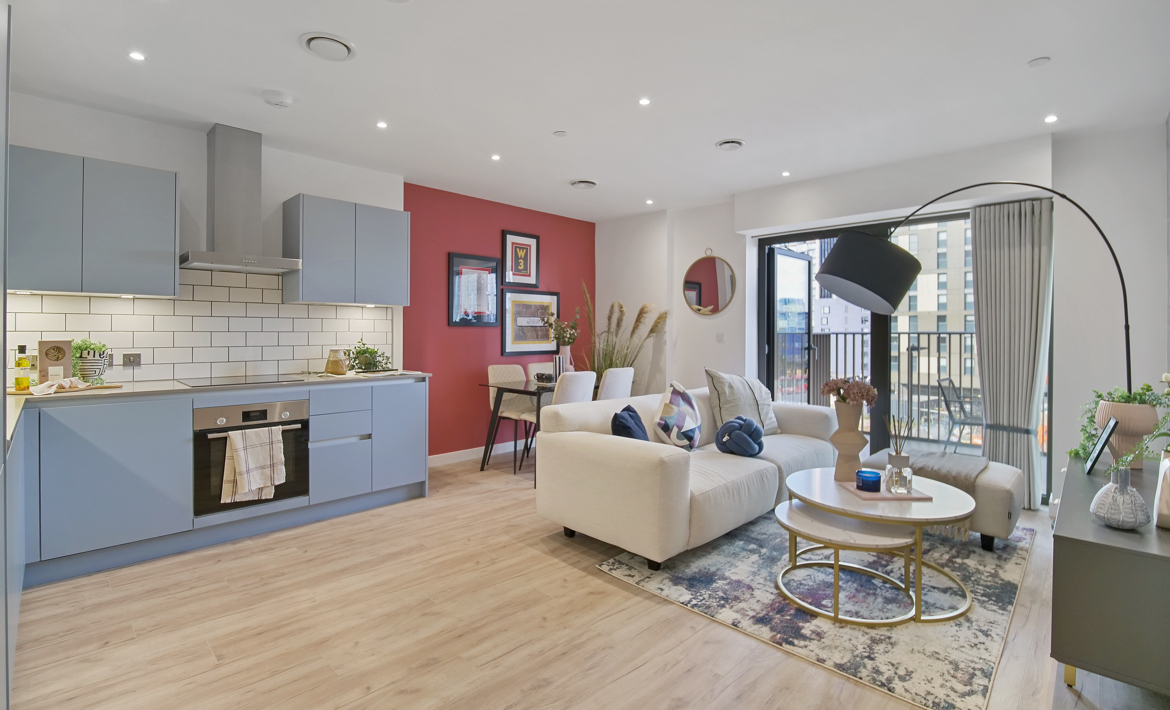 The Perfume Factory 2 Bed show apartment kitchen and living room