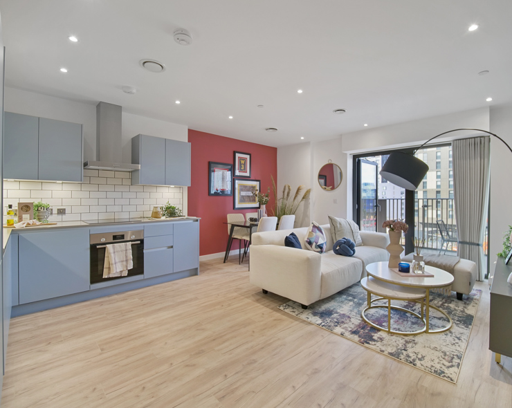 The Perfume Factory 2 Bed show apartment kitchen and living room