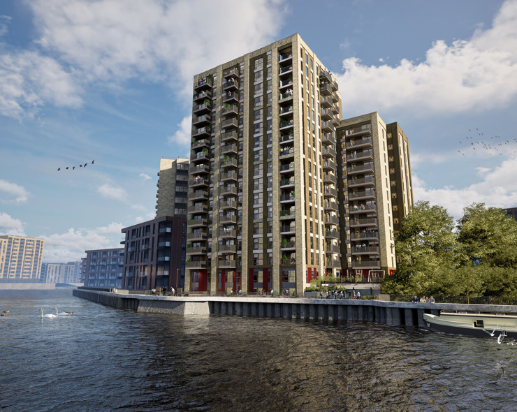 Saxon Wharf external still, featuring waterfront buildings with riverside walkways and views.