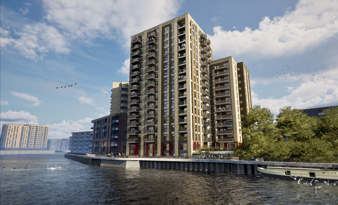 Saxon Wharf external still, featuring waterfront buildings with riverside walkways and views.