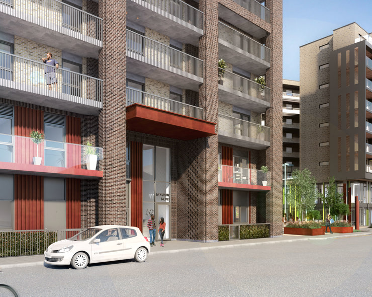 Saxon Wharf CGI View From Norman Road Looking Onto Communal Residential Entrance