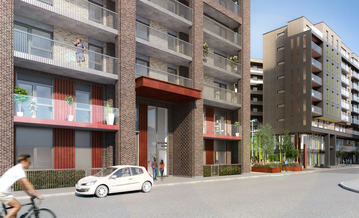 Saxon Wharf CGI View From Norman Road Looking Onto Communal Residential Entrance