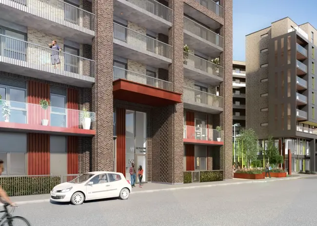 Saxon Wharf CGI View From Norman Road Looking Onto Communal Residential Entrance