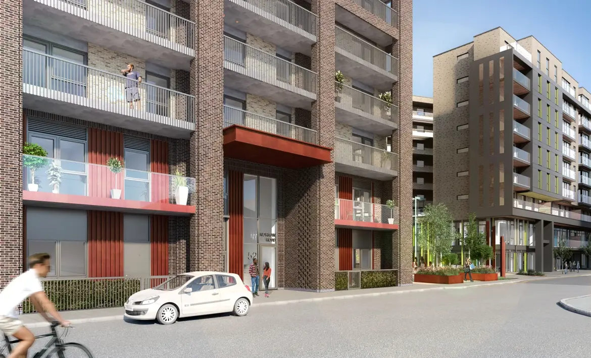 Saxon Wharf CGI View From Norman Road Looking Onto Communal Residential Entrance