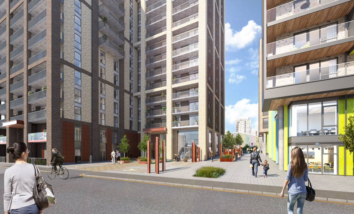 Saxon Wharf CGI View From Norman Road Lookng Onto Plaza